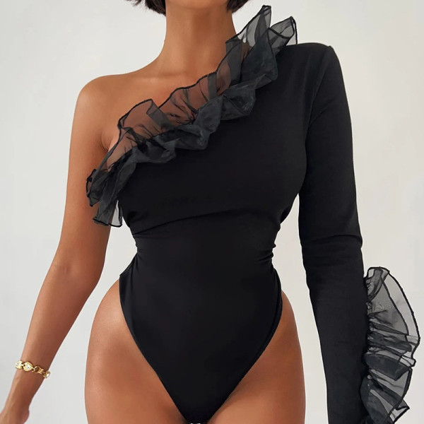 Women's Fashion Mesh Fringe One Shoulder Sleeve Slim Wrap Hip Bodysuit T-shirt