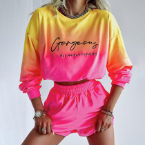 Knitted round neck gradient contrast embroidered long sleeved T-shirt Autumn women's ins fashion brand shorts set