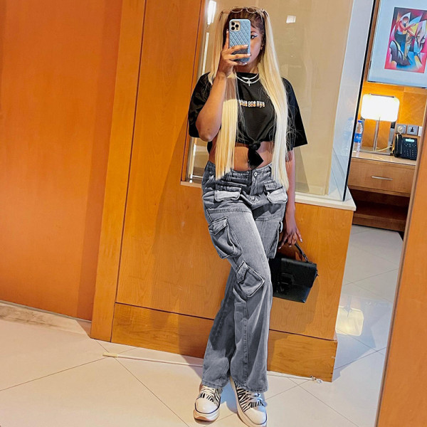Tie dyed distressed high waist zipper straight tube loose irregular splicing pocket vintage denim trousers