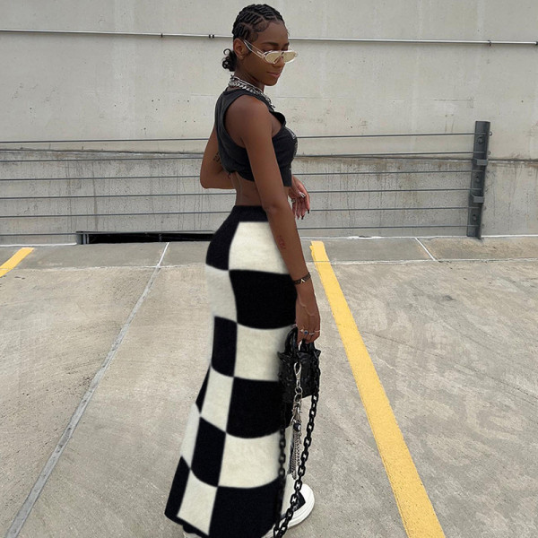 Women's fashion high waist slim slit hip bag checkerboard skirt