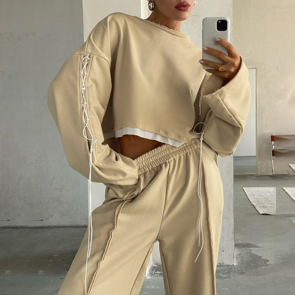 Women's fashion bandage long sleeve color contrast stitching loose casual sweater