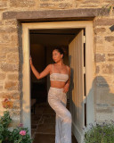 Women's fashion shiny silver suspender vest trousers two-piece set