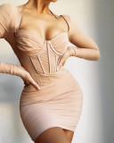 Women's sexy gauze see through fishbone pleated backless tight hip strap skirt