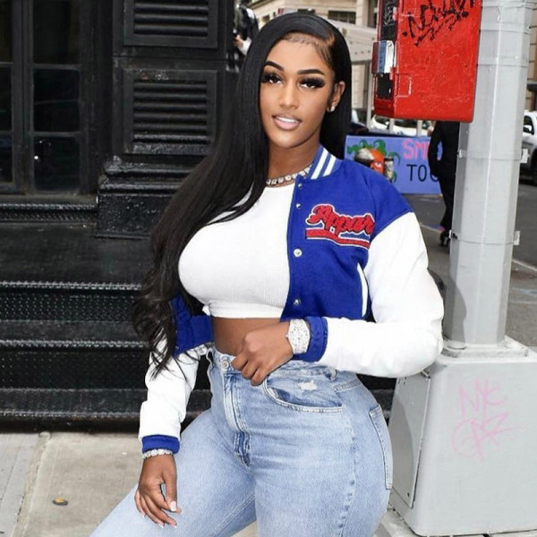 Embroidered casual color blocking button long sleeve open navel slim bomber suit