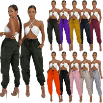 Solid casual pants with leg retracting neutral overalls Solid casual pants with leg retracting neutral overalls