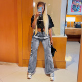 Tie dyed distressed high waist zipper straight tube loose irregular splicing pocket vintage denim trousers