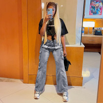 Tie dyed distressed high waist zipper straight tube loose irregular splicing pocket vintage denim trousers