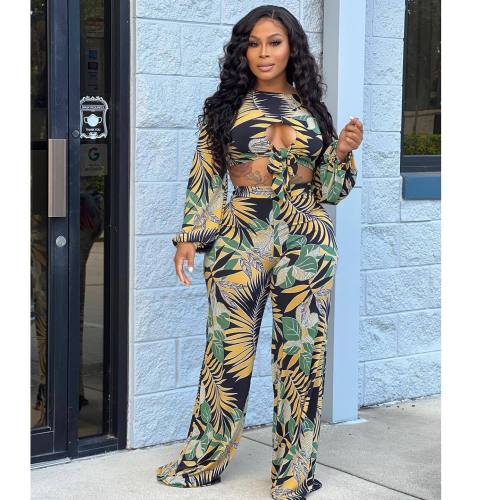 Crew neck sexy printed long sleeve wide leg pants two-piece set