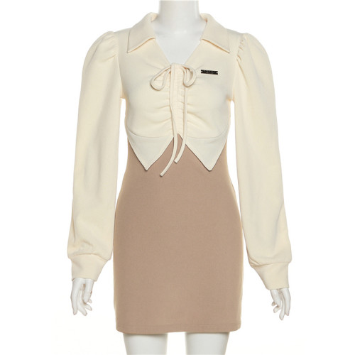 Women's sexy long sleeve lapel fake two-piece hip wrap dress