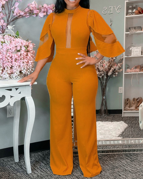 Classic solid diagonal neck button one piece wide leg pants
