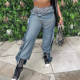 Fashion street color contrast seam pocket zipper slim casual jeans trousers