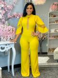 Classic solid diagonal neck button one piece wide leg pants