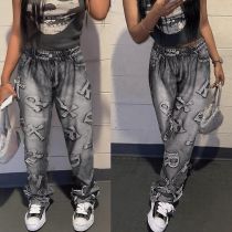 Fashion imitation denim printed loose pile pants Fashion imitation denim printed loose pile pants