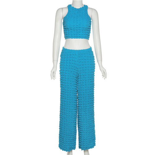 Women's fashion round neck open navel vest slim wide leg trousers suit