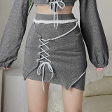 Women's solid color slim off shoulder T-shirt fashion high waist strap skirt