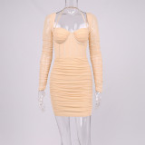 Women's sexy gauze see through fishbone pleated backless tight hip strap skirt