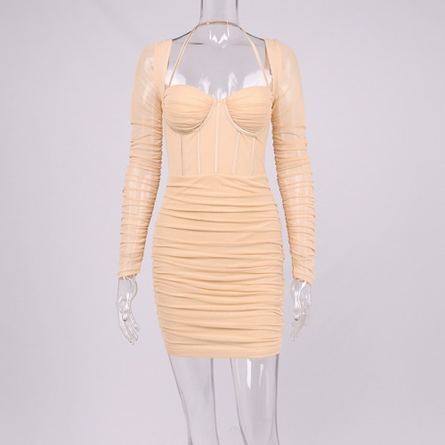 Women's sexy gauze see through fishbone pleated backless tight hip strap skirt