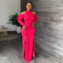 Women's fashion casual sexy solid off shoulder split invisible zipper dress long skirt with belt Women's fashion casual sexy solid off shoulder split invisible zipper dress long skirt with belt