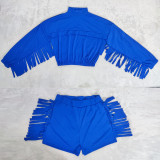 Women's fashion solid color tassel long sleeved shorts sports suit with pockets