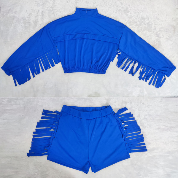 Women's fashion solid color tassel long sleeved shorts sports suit with pockets