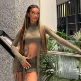 Women's fashion round neck long sleeved hollow T-shirt slim wrap hip skirt suit