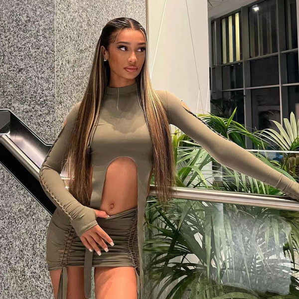 Women's fashion round neck long sleeved hollow T-shirt slim wrap hip skirt suit