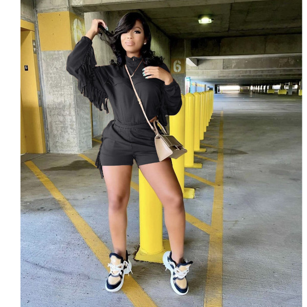 Women's fashion solid color tassel long sleeved shorts sports suit with pockets