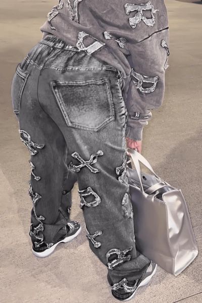 Fashion imitation denim printed loose pile pants