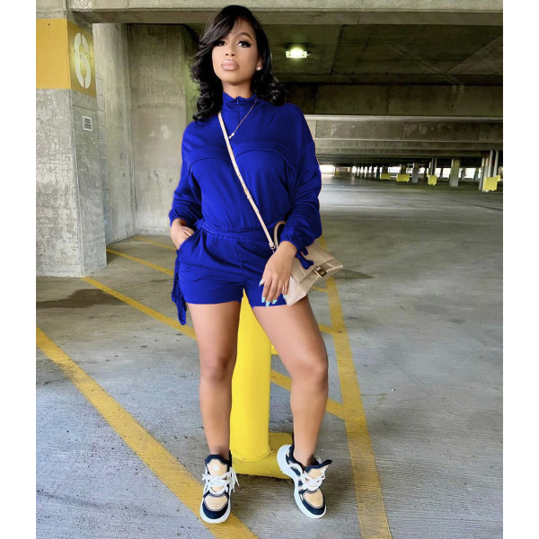 Women's fashion solid color tassel long sleeved shorts sports suit with pockets