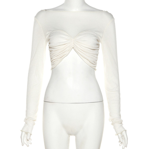 Women's long sleeve round neck design pleated short open navel slim t-shirt