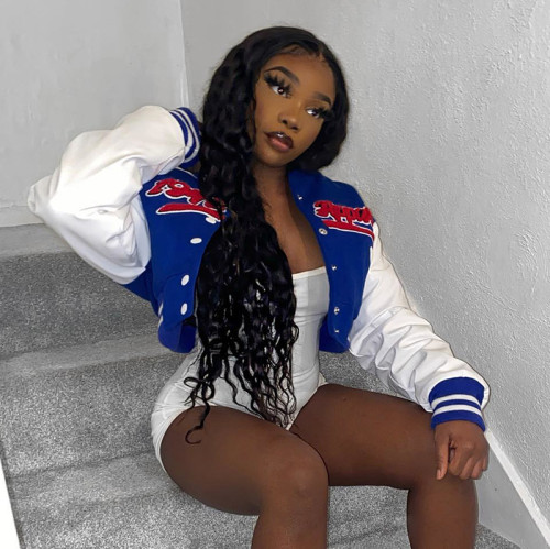 Embroidered casual color blocking button long sleeve open navel slim bomber suit