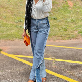 Fashion street color contrast seam pocket zipper slim casual jeans trousers