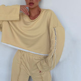 Women's fashion bandage long sleeve color contrast stitching loose casual sweater