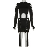 Women's fashion round neck long sleeved hollow T-shirt slim wrap hip skirt suit