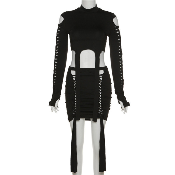 Women's fashion round neck long sleeved hollow T-shirt slim wrap hip skirt suit