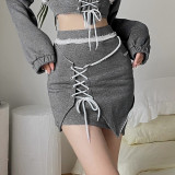 Women's solid color slim off shoulder T-shirt fashion high waist strap skirt