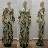 Crew neck sexy printed long sleeve wide leg pants two-piece set