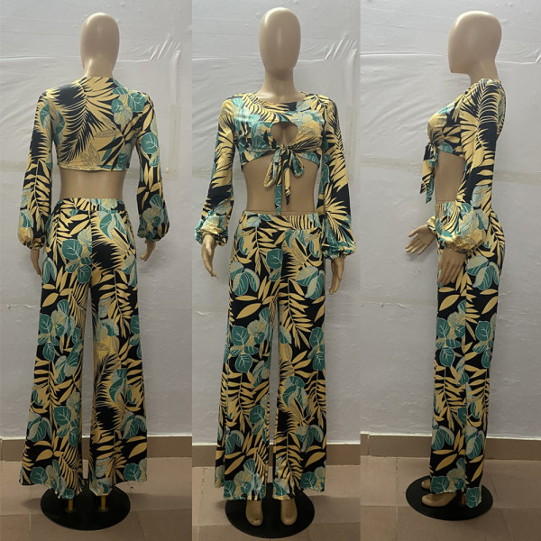 Crew neck sexy printed long sleeve wide leg pants two-piece set