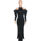 Women's fashion casual sexy solid off shoulder split invisible zipper dress long skirt with belt