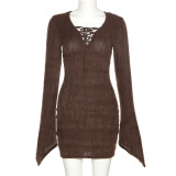 Women's solid sexy long sleeved lace up hip dress