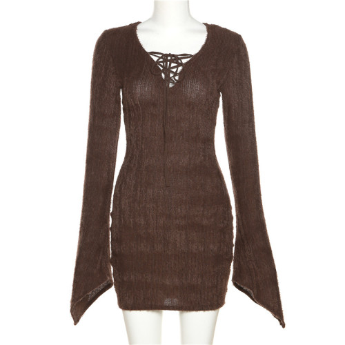 Women's solid sexy long sleeved lace up hip dress