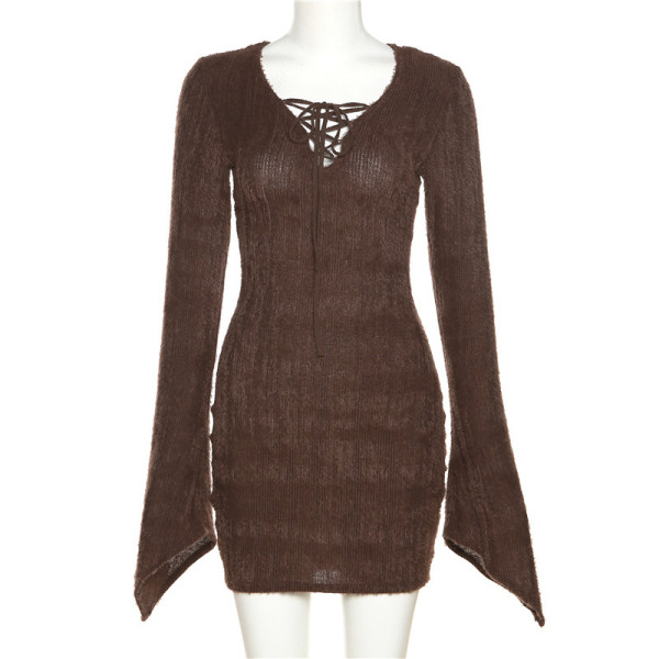 Women's solid sexy long sleeved lace up hip dress