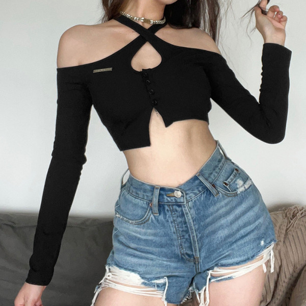Women's solid slim exposed navel street fashion off shoulder long sleeve T-shirt