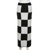 Women's fashion high waist slim slit hip bag checkerboard skirt