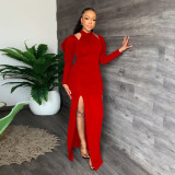 Women's fashion casual sexy solid off shoulder split invisible zipper dress long skirt with belt