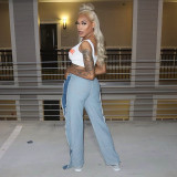 Fashion street color contrast seam pocket zipper slim casual jeans trousers