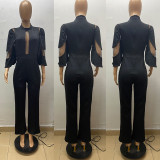 Classic solid diagonal neck button one piece wide leg pants