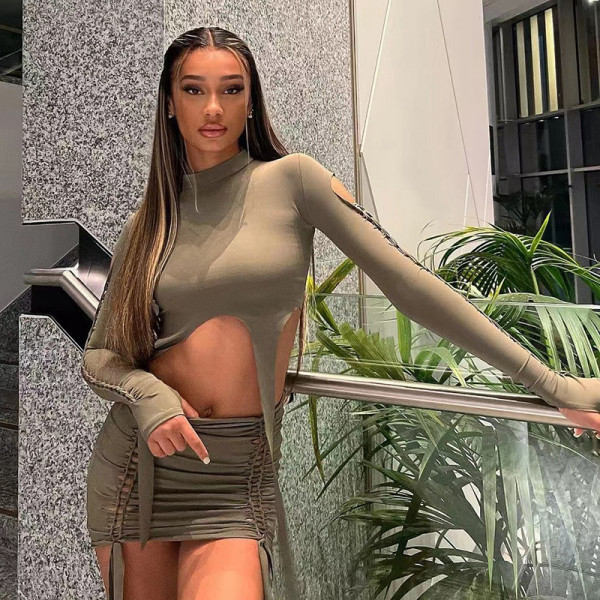 Women's fashion round neck long sleeved hollow T-shirt slim wrap hip skirt suit