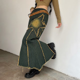 Five pointed Star Patch Irregular Split Raw Edge Spice Girl High Waist Denim Skirt