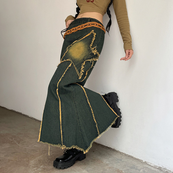 Five pointed Star Patch Irregular Split Raw Edge Spice Girl High Waist Denim Skirt